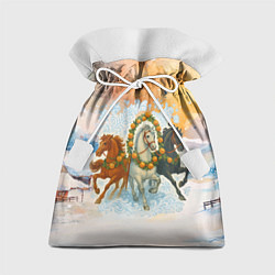 Мешок для подарков Новогодняя тройка лошадей с мандаринами, цвет: 3D-принт
