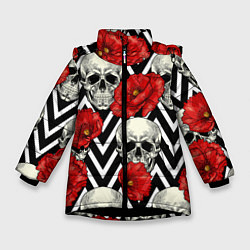 Куртка зимняя для девочки Черепа и розы, цвет: 3D-черный