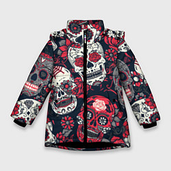 Куртка зимняя для девочки Мексиканские черепа, цвет: 3D-черный
