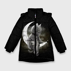 Куртка зимняя для девочки Кот на луне, цвет: 3D-черный