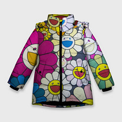 Куртка зимняя для девочки Цветы Ромашки, цвет: 3D-черный