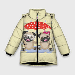 Куртка зимняя для девочки Влюбленные мопсы, цвет: 3D-черный