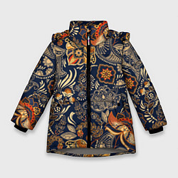 Куртка зимняя для девочки Узор орнамент цветы этно, цвет: 3D-светло-серый