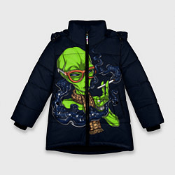 Куртка зимняя для девочки Инопланетянин Курит Космос, цвет: 3D-черный