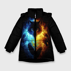 Куртка зимняя для девочки Волки в огне, цвет: 3D-черный