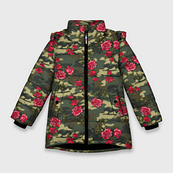 Куртка зимняя для девочки Камуфляж и розы, цвет: 3D-черный