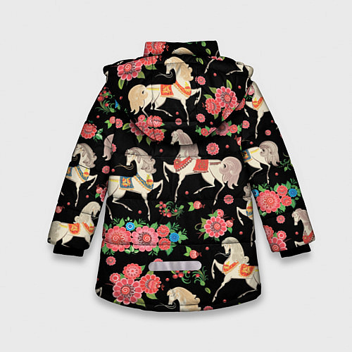 Зимняя куртка для девочки Лошади и цветы / 3D-Черный – фото 2