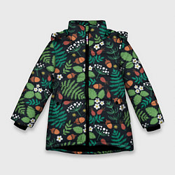Куртка зимняя для девочки Лесные листочки цветочки, цвет: 3D-черный
