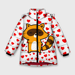 Куртка зимняя для девочки Енот в сердечках, цвет: 3D-красный