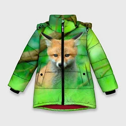 Куртка зимняя для девочки Лисенок в зеленом лесу, цвет: 3D-красный