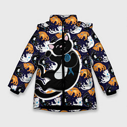 Куртка зимняя для девочки Японские котики, цвет: 3D-черный