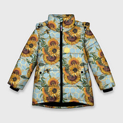 Зимняя куртка для девочки Подсолнухи и пчёлы на голубом