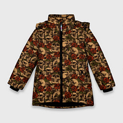 Куртка зимняя для девочки Черепа в Розах, цвет: 3D-черный