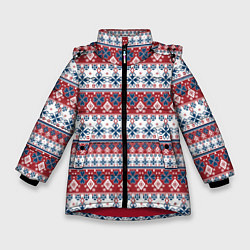 Куртка зимняя для девочки Этнический красно-синий узор, цвет: 3D-красный