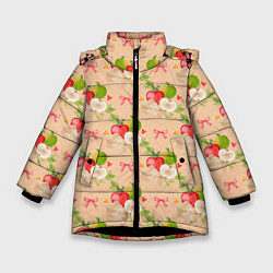 Куртка зимняя для девочки Яблоки паттерн, цвет: 3D-черный