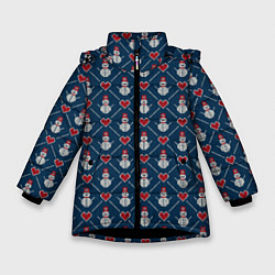 Куртка зимняя для девочки Снеговики с Сердечками, цвет: 3D-черный