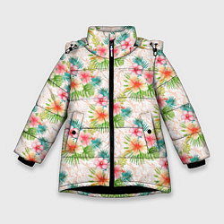Куртка зимняя для девочки Гавайские цветы, цвет: 3D-черный