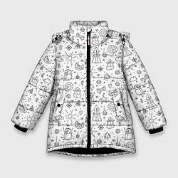 Куртка зимняя для девочки Зимнее дудл настроение, цвет: 3D-черный