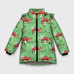 Куртка зимняя для девочки Грибы Мухоморы паттерн, цвет: 3D-светло-серый