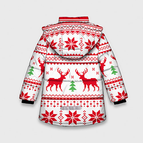 Зимняя куртка для девочки Новогодний узор с оленями / 3D-Красный – фото 2