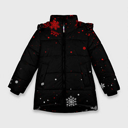Куртка зимняя для девочки КРАСНО БЕЛЫЕ СНЕЖИНКИ НА ЧЁРНОМ ФОНЕ, цвет: 3D-черный