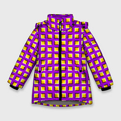 Зимняя куртка для девочки Фиолетовый Фон с Желтыми Квадратами Иллюзия Движен