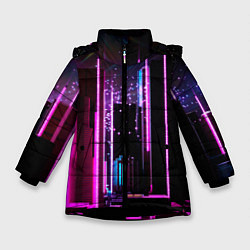 Куртка зимняя для девочки Ночной город в киберпанке, цвет: 3D-черный