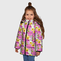 Куртка зимняя для девочки Полевые фиолетовые и желтые цветочки, цвет: 3D-светло-серый — фото 2