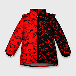 Куртка зимняя для девочки Черно-Красные сердца с крылышками, цвет: 3D-светло-серый