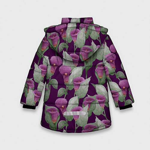 Зимняя куртка для девочки Фиолетовые каллы на темно фиолетовом фоне / 3D-Светло-серый – фото 2