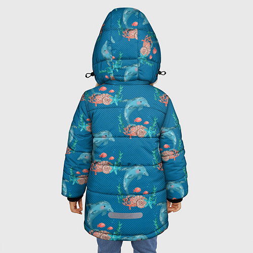 Зимняя куртка для девочки Дельфины Море паттерн / 3D-Красный – фото 4