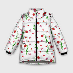 Куртка зимняя для девочки Тюльпаны, бабочки, сердечки, цвет: 3D-светло-серый