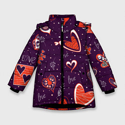 Зимняя куртка для девочки Красно-белые сердечки и слово love на темно фиолет