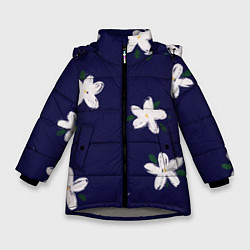 Куртка зимняя для девочки Белые ромашки на синем фоне, цвет: 3D-светло-серый