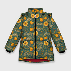 Куртка зимняя для девочки Желтые цветочки и листья, цвет: 3D-красный