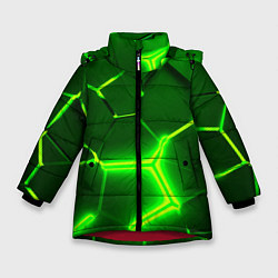 Зимняя куртка для девочки 3D ПЛИТЫ НЕОН NEON GREEN HEXAGON РАЗЛОМ