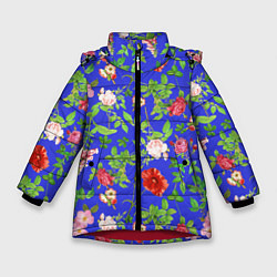 Куртка зимняя для девочки Цветочки - синий фон - паттерн, цвет: 3D-красный