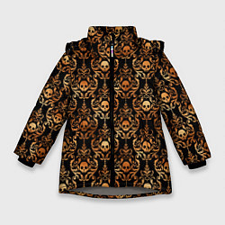 Зимняя куртка для девочки Золотые черепа на черном фоне