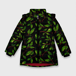 Зимняя куртка для девочки Яркие зеленые листья на черном фоне