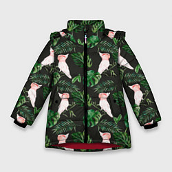 Зимняя куртка для девочки Белые попугаи и листья