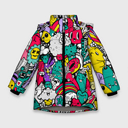 Куртка зимняя для девочки Веселые монстрики и привидения, цвет: 3D-светло-серый