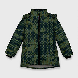 Куртка зимняя для девочки Абстрактный геометрический зеленый камуфляж, цвет: 3D-светло-серый