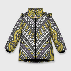 Куртка зимняя для девочки Абстрактный узор в стиле дудл Желтый, серый и белы, цвет: 3D-черный