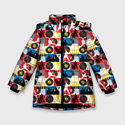 Куртка зимняя для девочки Рок-н-ролл, винил, запись музыки, цвет: 3D-черный