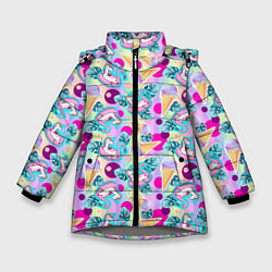 Куртка зимняя для девочки Единороги на радужном фоне с мороженым, цвет: 3D-светло-серый