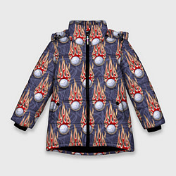 Куртка зимняя для девочки Волейбольные мячи в огне, цвет: 3D-черный
