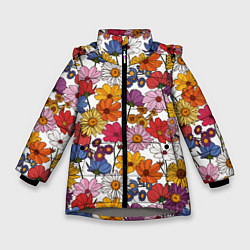 Куртка зимняя для девочки Полевые Цветы на белом фоне, цвет: 3D-светло-серый