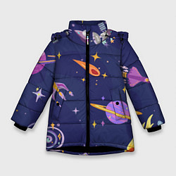Куртка зимняя для девочки Космический дизайн с планетами, звёздами и ракетам, цвет: 3D-черный