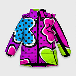 Куртка зимняя для девочки Яркий абстрактный узор в стиле 90х, неоновые цвета, цвет: 3D-черный