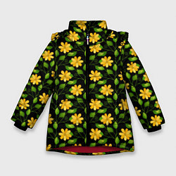 Куртка зимняя для девочки Желтые цветочки паттерн, цвет: 3D-красный